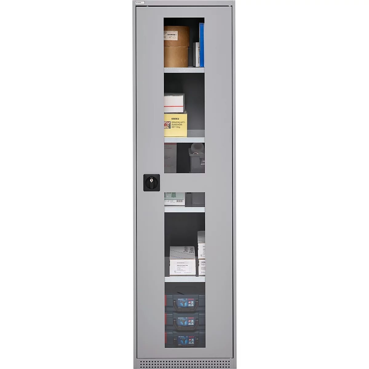 Schäfer Shop Genius Armoire en acier FS, en tôle d'acier, avec fenêtre d'inspection, trous de ventilation, L 545 x P 520 x H 1950 mm, 5 HC, jusqu'à 250 kg, alu blanc/alu blanc