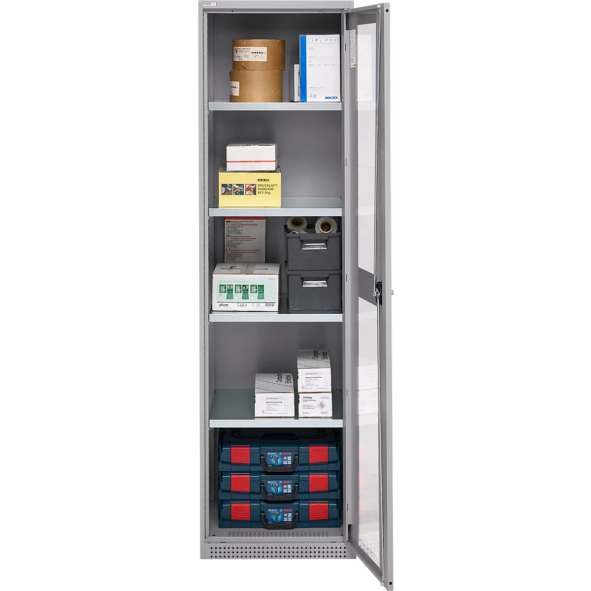 Schäfer Shop Genius Armoire en acier FS, en tôle d'acier, avec fenêtre d'inspection, trous de ventilation, L 545 x P 520 x H 1950 mm, 5 HC, jusqu'à 250 kg, alu blanc/alu blanc