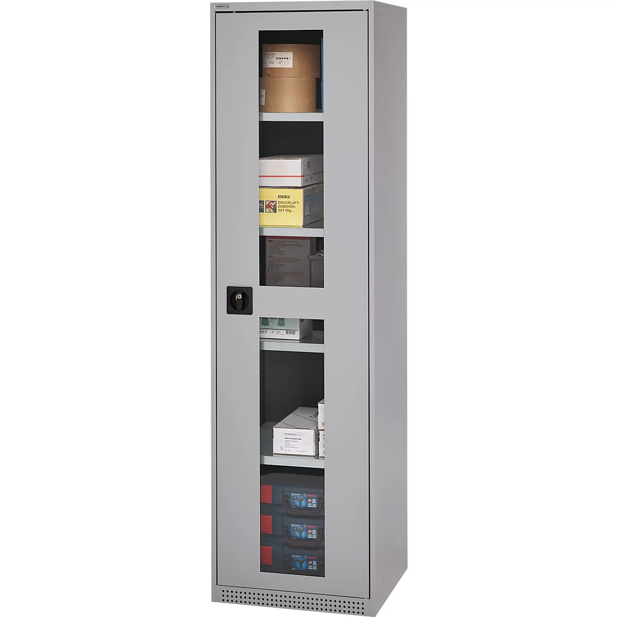 Schäfer Shop Genius Armoire en acier FS, en tôle d'acier, avec fenêtre d'inspection, trous de ventilation, L 545 x P 520 x H 1950 mm, 5 HC, jusqu'à 250 kg, alu blanc/alu blanc