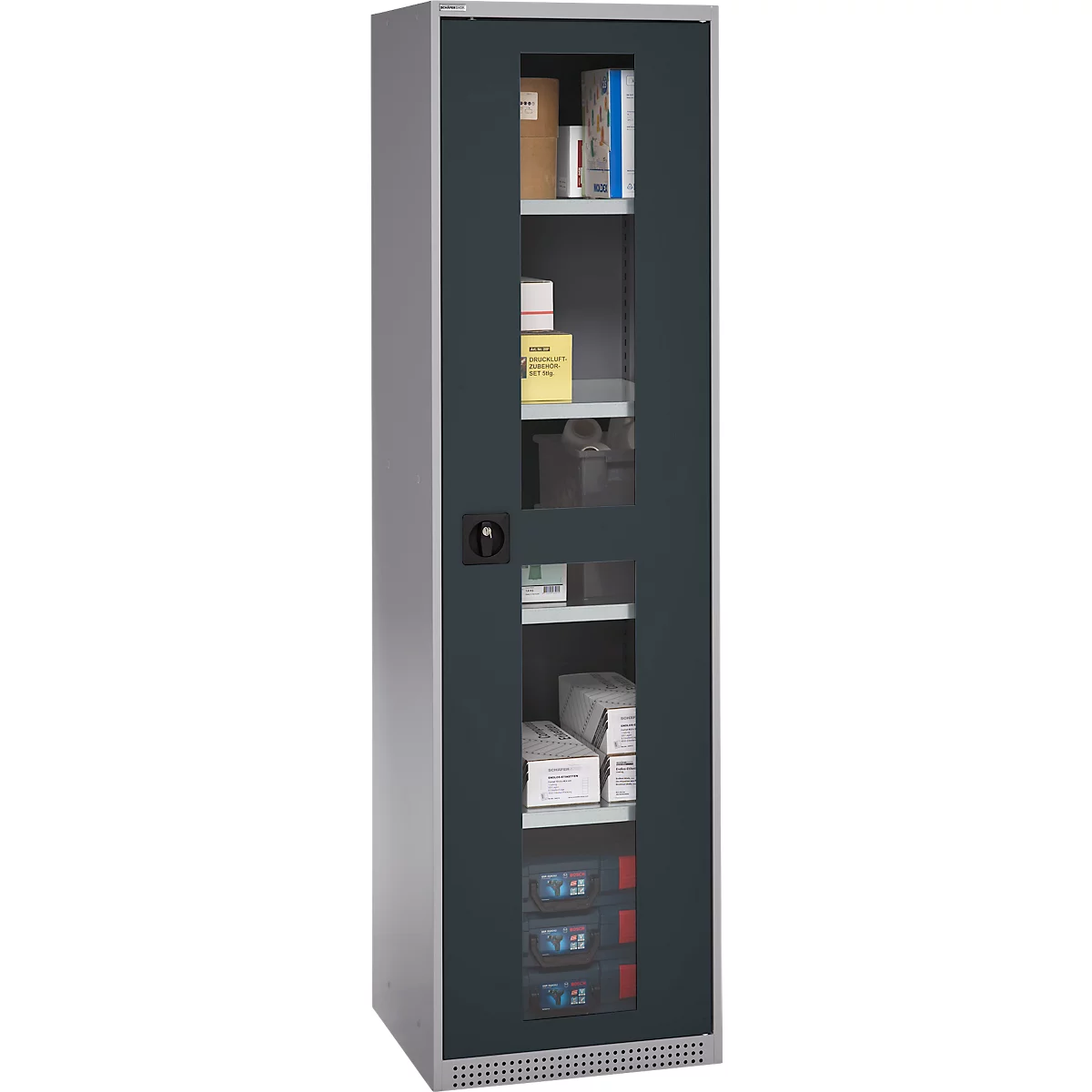 Schäfer Shop Genius Armoire en acier FS, en tôle d'acier, avec fenêtre d'inspection, trous de ventilation, L 545 x P 520 x H 1950 mm, 5 HC, jusqu'à 250 kg, alu blanc/anthracite