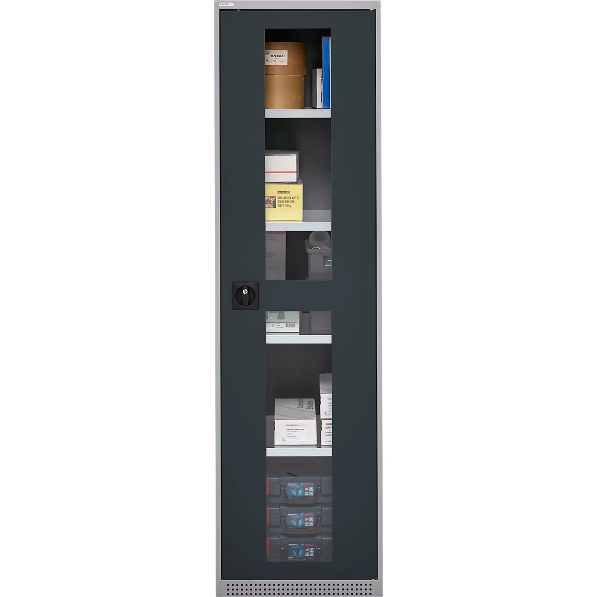 Schäfer Shop Genius Armoire en acier FS, en tôle d'acier, avec fenêtre d'inspection, trous de ventilation, L 545 x P 520 x H 1950 mm, 5 HC, jusqu'à 250 kg, alu blanc/anthracite