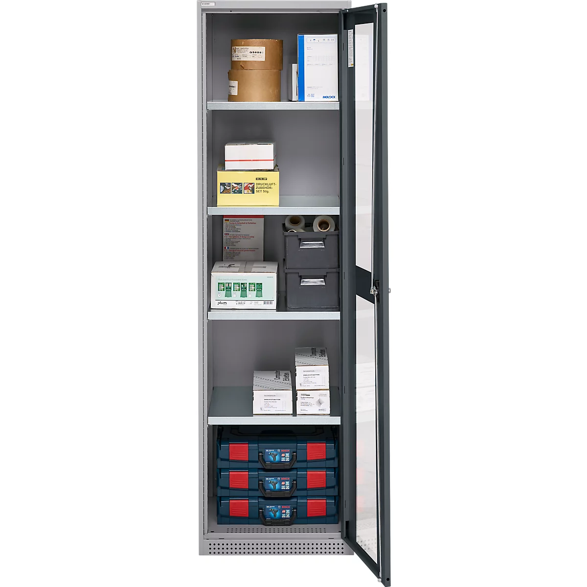 Schäfer Shop Genius Armoire en acier FS, en tôle d'acier, avec fenêtre d'inspection, trous de ventilation, L 545 x P 520 x H 1950 mm, 5 HC, jusqu'à 250 kg, alu blanc/anthracite