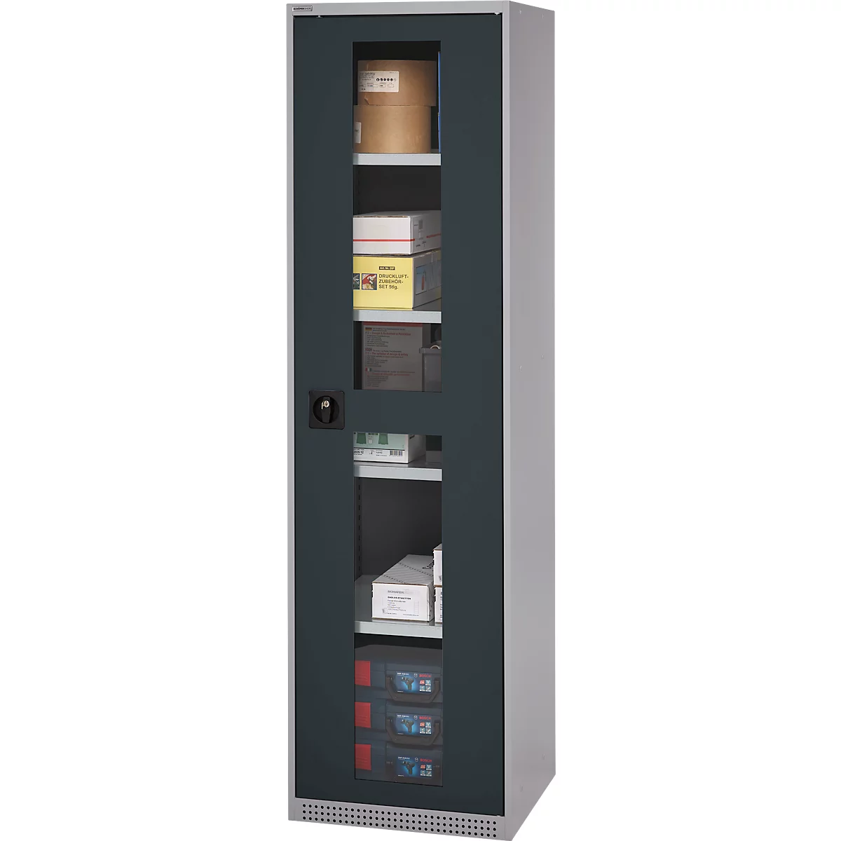 Schäfer Shop Genius Armoire en acier FS, en tôle d'acier, avec fenêtre d'inspection, trous de ventilation, L 545 x P 520 x H 1950 mm, 5 HC, jusqu'à 250 kg, alu blanc/anthracite