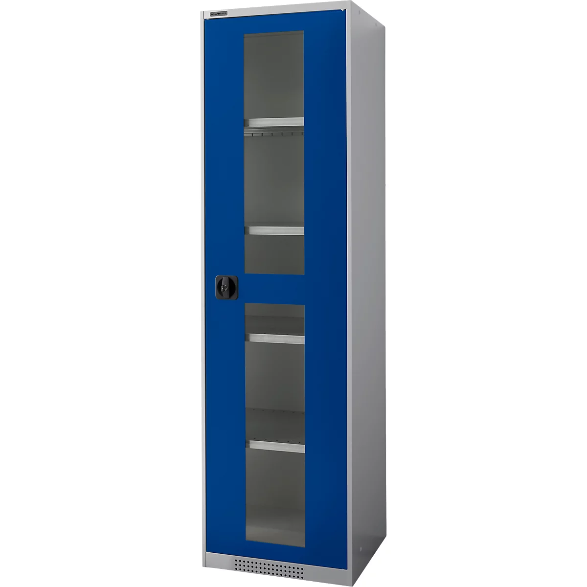 Schäfer Shop Genius Armoire en acier FS, en tôle d'acier, avec fenêtre d'inspection, trous de ventilation, L 545 x P 520 x H 1950 mm, 5 HC, jusqu'à 250 kg, alu blanc/bleu gentiane