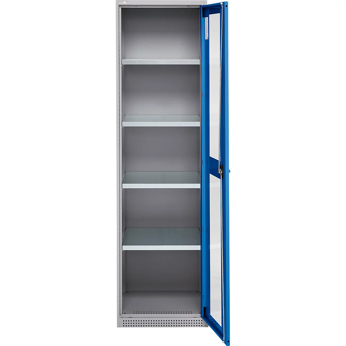 Schäfer Shop Genius Armoire en acier FS, en tôle d'acier, avec fenêtre d'inspection, trous de ventilation, L 545 x P 520 x H 1950 mm, 5 HC, jusqu'à 250 kg, alu blanc/bleu gentiane