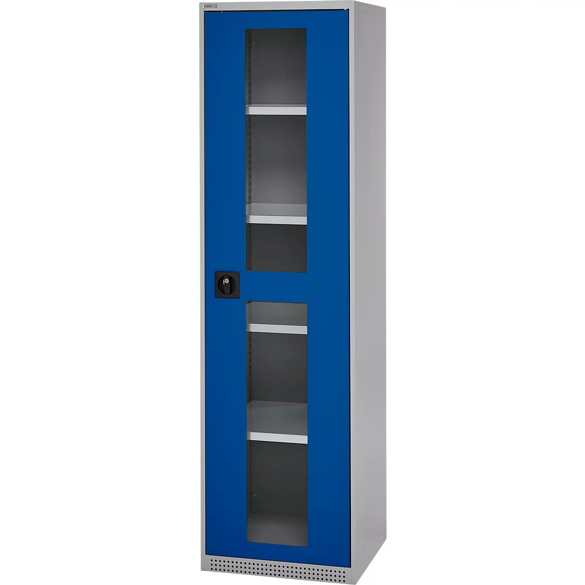 Schäfer Shop Genius Armoire en acier FS, en tôle d'acier, avec fenêtre d'inspection, trous de ventilation, L 545 x P 520 x H 1950 mm, 5 HC, jusqu'à 250 kg, alu blanc/bleu gentiane