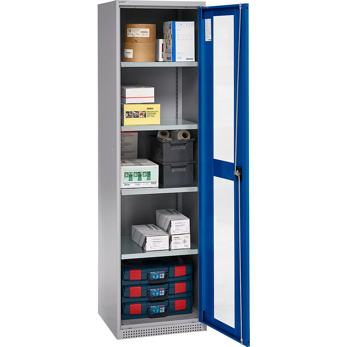 Schäfer Shop Genius Armoire en acier FS, en tôle d'acier, avec fenêtre d'inspection, trous de ventilation, L 545 x P 520 x H 1950 mm, 5 HC, jusqu'à 250 kg, alu blanc/bleu gentiane