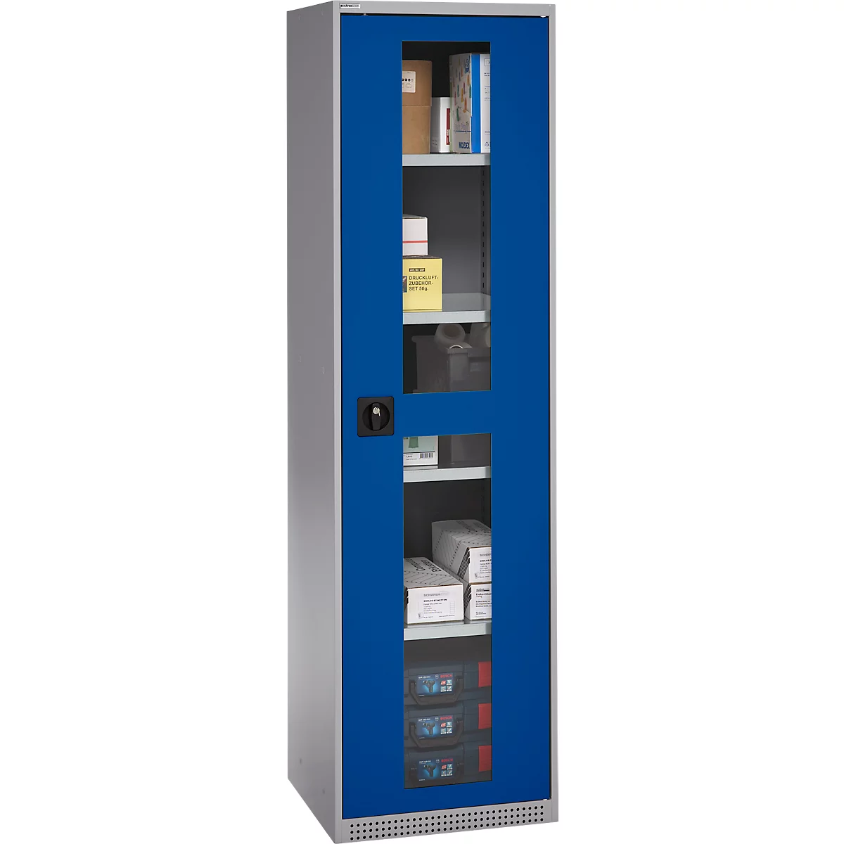 Schäfer Shop Genius Armoire en acier FS, en tôle d'acier, avec fenêtre d'inspection, trous de ventilation, L 545 x P 520 x H 1950 mm, 5 HC, jusqu'à 250 kg, alu blanc/bleu gentiane