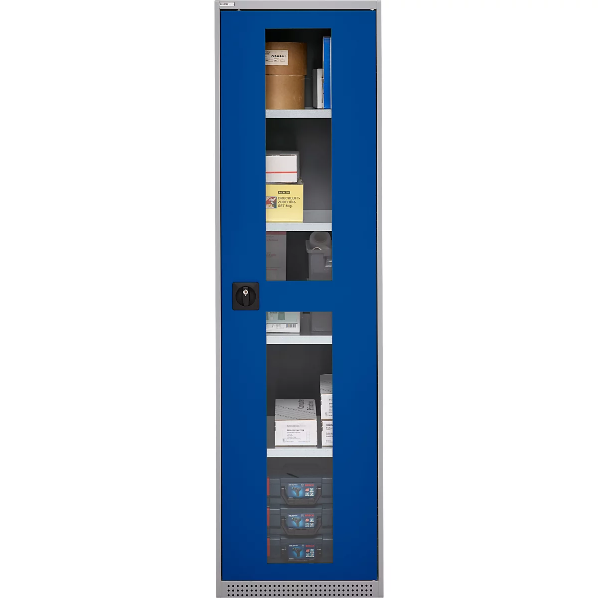 Schäfer Shop Genius Armoire en acier FS, en tôle d'acier, avec fenêtre d'inspection, trous de ventilation, L 545 x P 520 x H 1950 mm, 5 HC, jusqu'à 250 kg, alu blanc/bleu gentiane