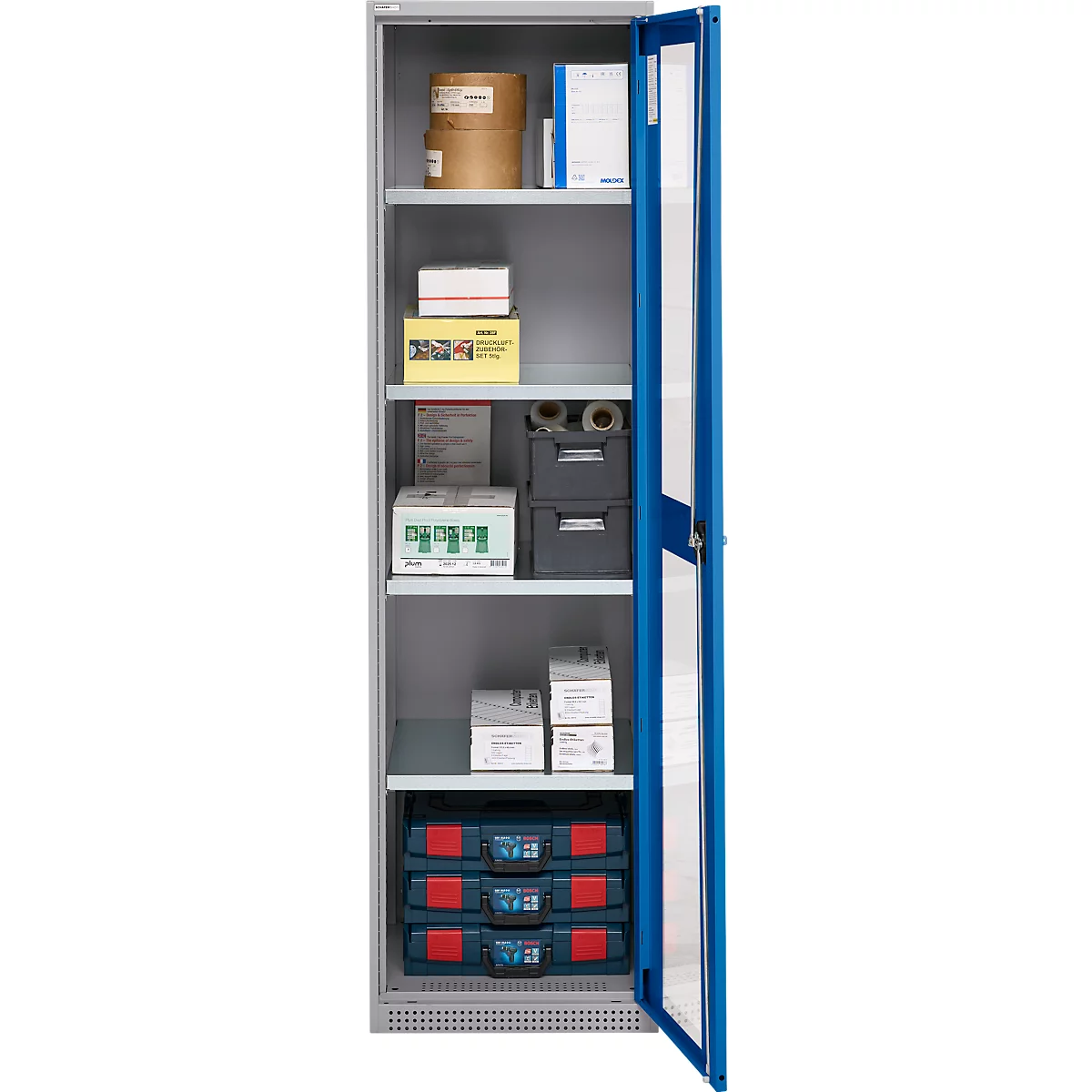 Schäfer Shop Genius Armoire en acier FS, en tôle d'acier, avec fenêtre d'inspection, trous de ventilation, L 545 x P 520 x H 1950 mm, 5 HC, jusqu'à 250 kg, alu blanc/bleu gentiane