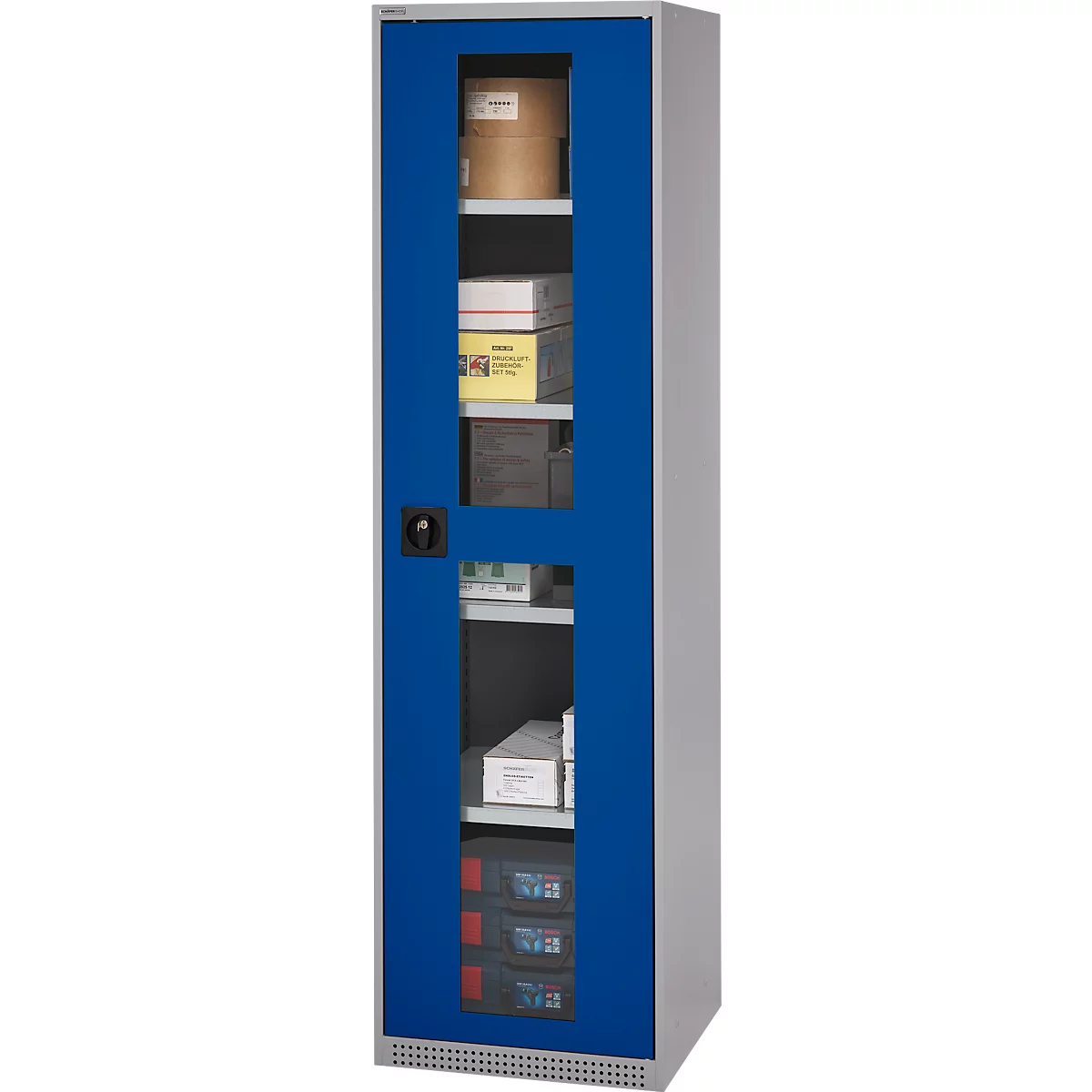 Schäfer Shop Genius Armoire en acier FS, en tôle d'acier, avec fenêtre d'inspection, trous de ventilation, L 545 x P 520 x H 1950 mm, 5 HC, jusqu'à 250 kg, alu blanc/bleu gentiane