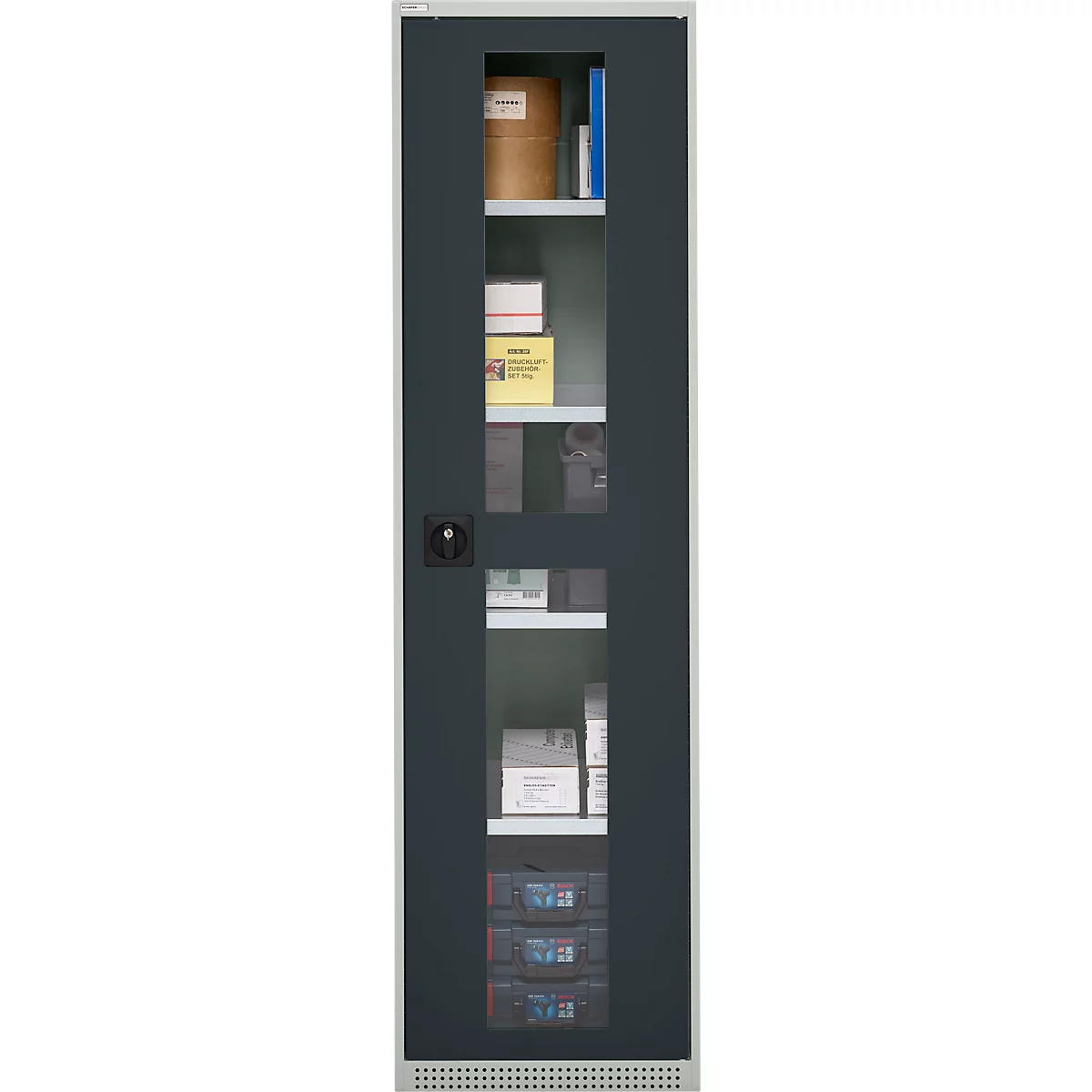 Schäfer Shop Genius Armoire en acier FS, en tôle d'acier, avec fenêtre d'inspection, trous de ventilation, L 545 x P 520 x H 1950 mm, 5 HC, jusqu'à 250 kg, gris clair/anthracite