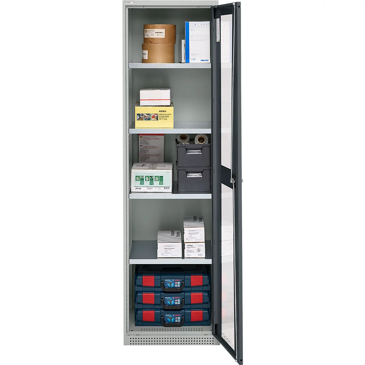 Schäfer Shop Genius Armoire en acier FS, en tôle d'acier, avec fenêtre d'inspection, trous de ventilation, L 545 x P 520 x H 1950 mm, 5 HC, jusqu'à 250 kg, gris clair/anthracite