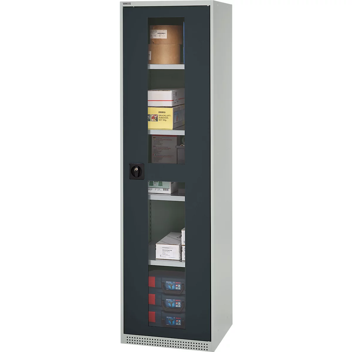 Schäfer Shop Genius Armoire en acier FS, en tôle d'acier, avec fenêtre d'inspection, trous de ventilation, L 545 x P 520 x H 1950 mm, 5 HC, jusqu'à 250 kg, gris clair/anthracite