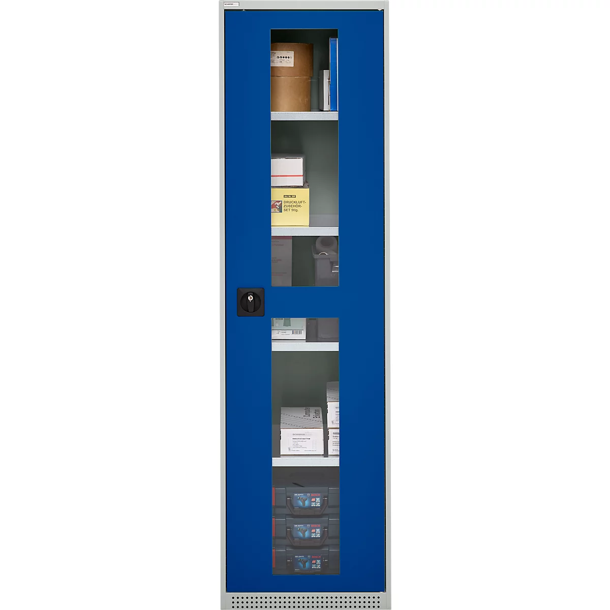 Schäfer Shop Genius Armoire en acier FS, en tôle d'acier, avec fenêtre d'inspection, trous de ventilation, L 545 x P 520 x H 1950 mm, 5 HC, jusqu'à 250 kg, gris clair/bleu gentiane