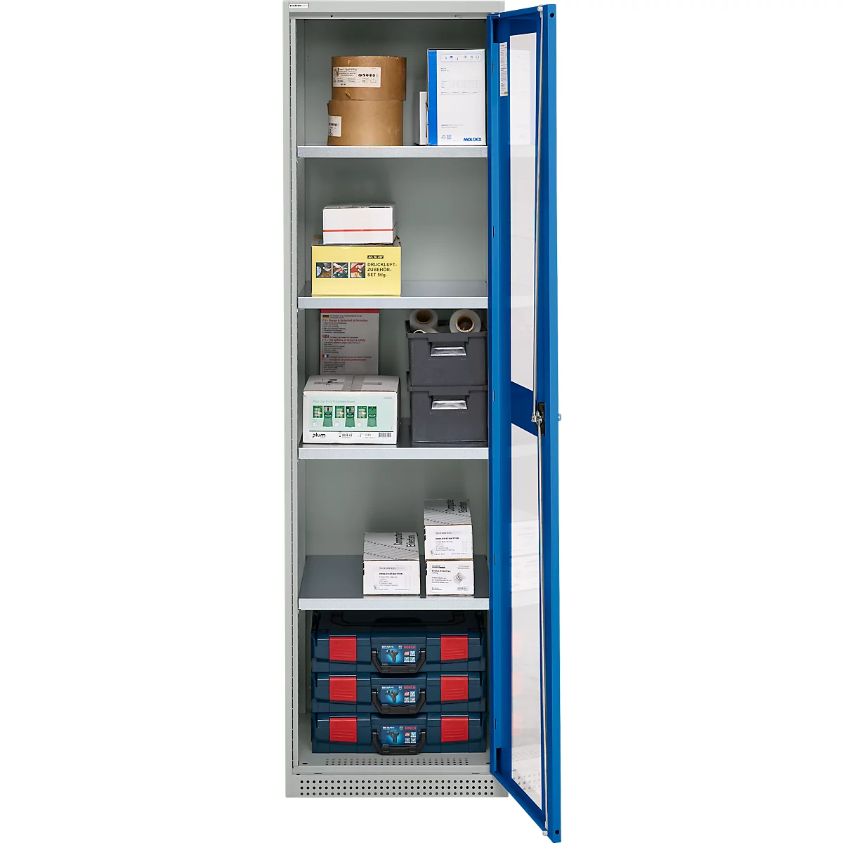Schäfer Shop Genius Armoire en acier FS, en tôle d'acier, avec fenêtre d'inspection, trous de ventilation, L 545 x P 520 x H 1950 mm, 5 HC, jusqu'à 250 kg, gris clair/bleu gentiane