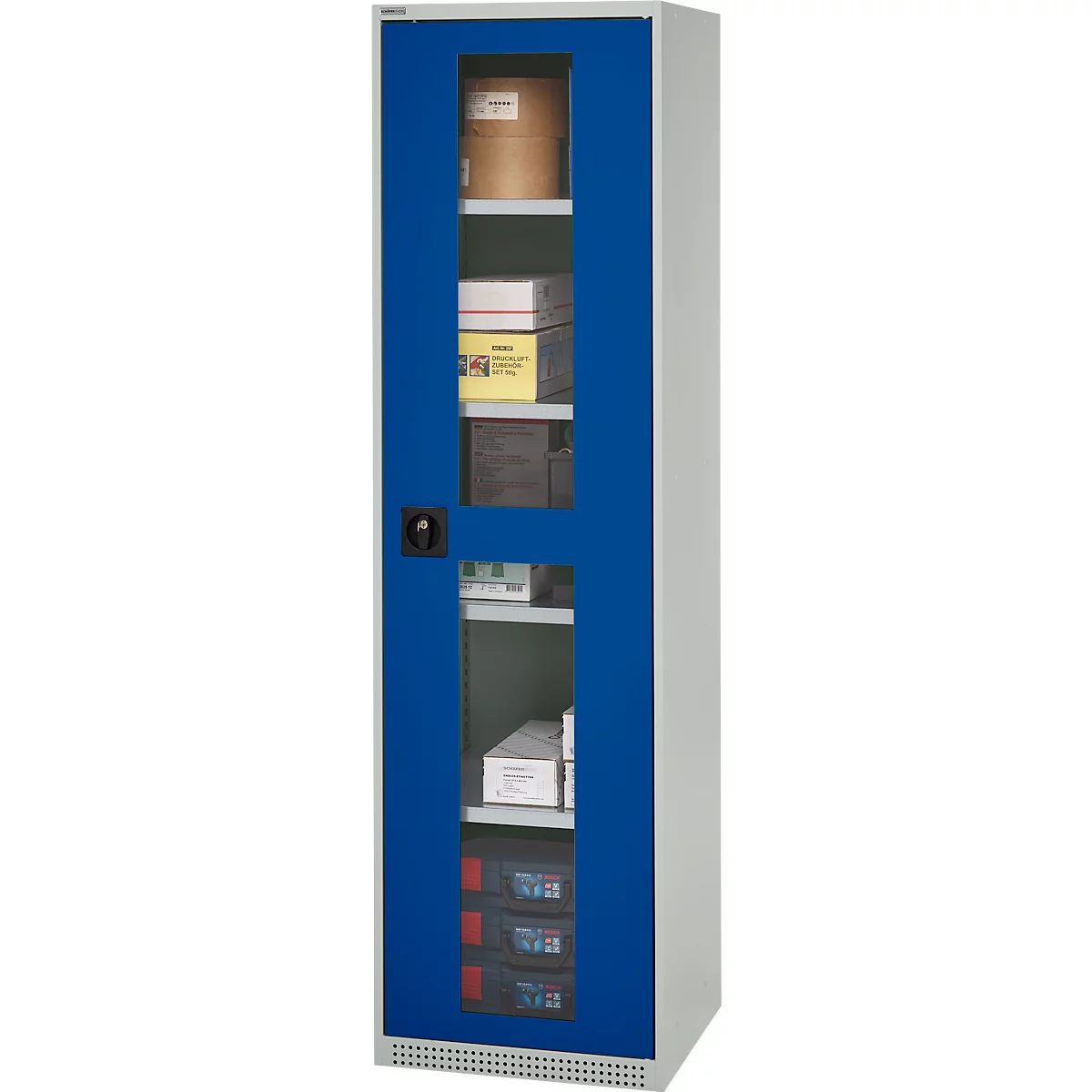 Schäfer Shop Genius Armoire en acier FS, en tôle d'acier, avec fenêtre d'inspection, trous de ventilation, L 545 x P 520 x H 1950 mm, 5 HC, jusqu'à 250 kg, gris clair/bleu gentiane