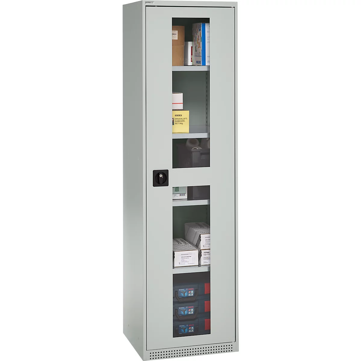 Schäfer Shop Genius Armoire en acier FS, en tôle d'acier, avec fenêtre d'inspection, trous de ventilation, L 545 x P 520 x H 1950 mm, 5 HC, jusqu'à 250 kg, gris clair/gris clair