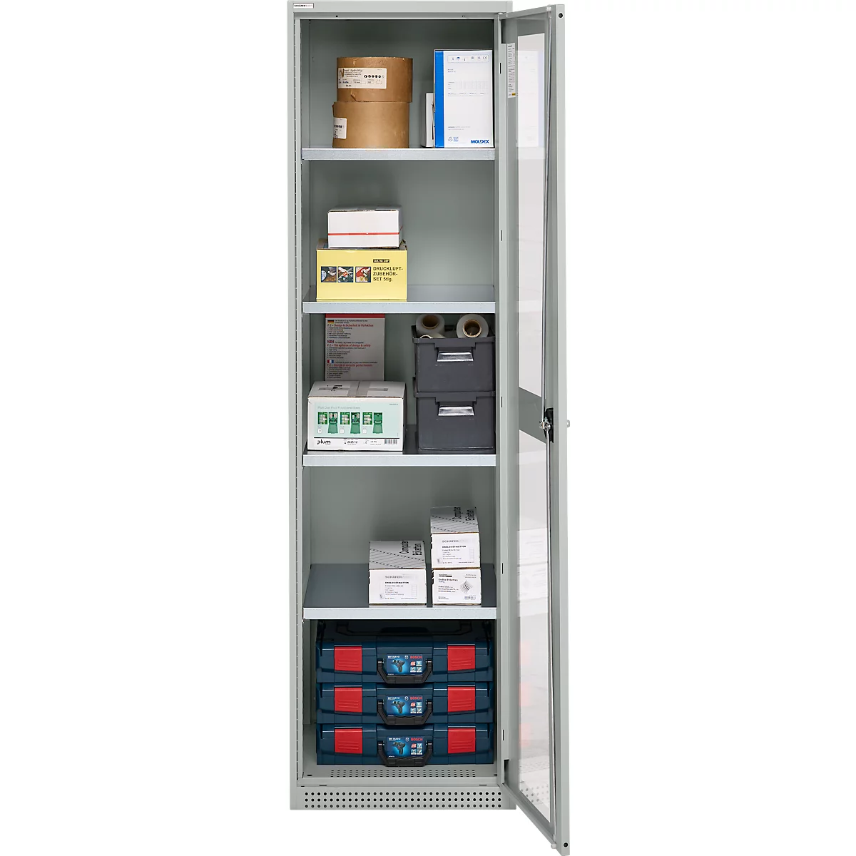 Schäfer Shop Genius Armoire en acier FS, en tôle d'acier, avec fenêtre d'inspection, trous de ventilation, L 545 x P 520 x H 1950 mm, 5 HC, jusqu'à 250 kg, gris clair/gris clair