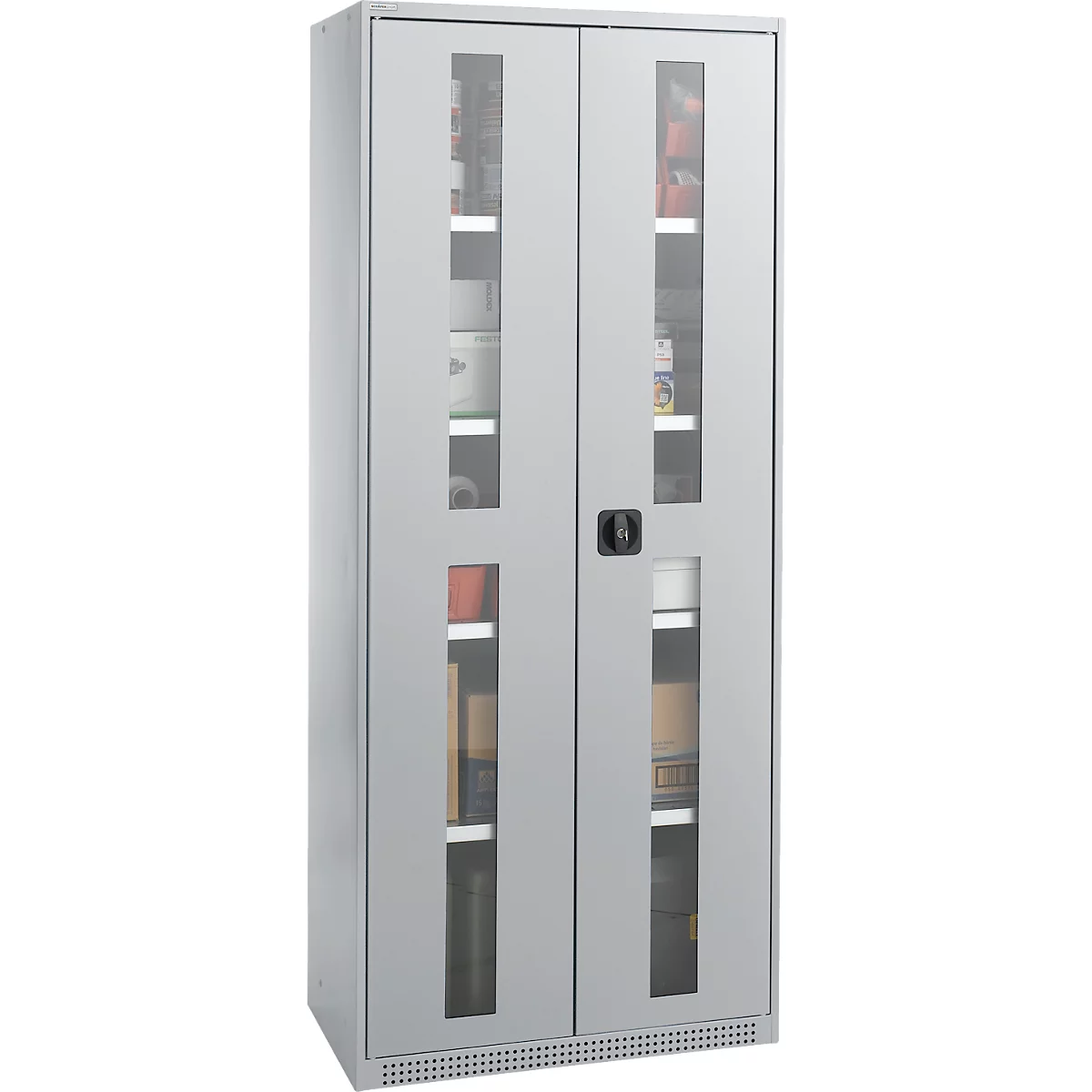 Schäfer Shop Genius Armoire en acier FS, en tôle d'acier, avec fenêtre d'inspection, trous de ventilation, L 810 x P 520 x H 1950 mm, 5 HC, jusqu'à 300 kg, alu blanc/alu blanc