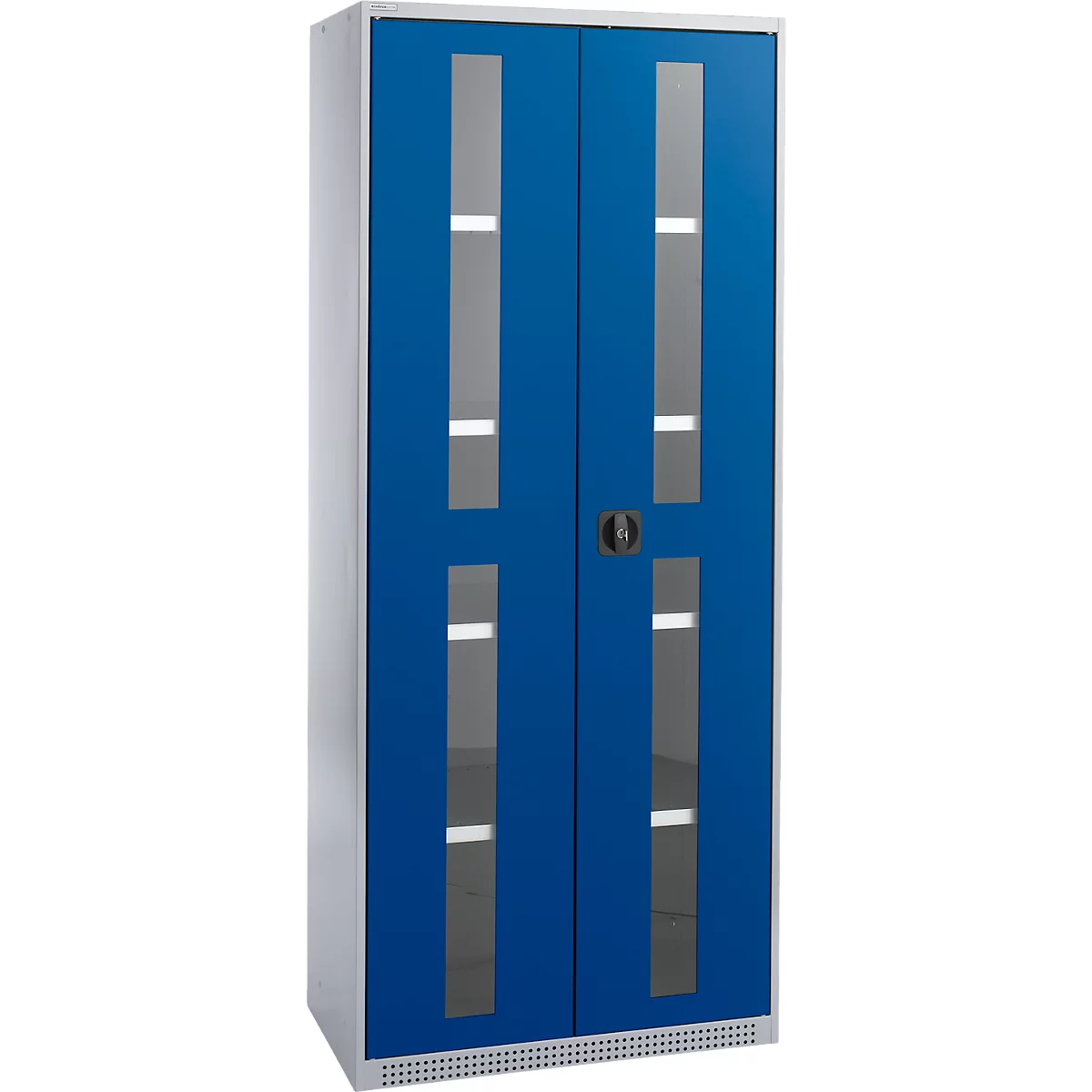 Schäfer Shop Genius Armoire en acier FS, en tôle d'acier, avec fenêtre d'inspection, trous de ventilation, L 810 x P 520 x H 1950 mm, 5 HC, jusqu'à 300 kg, alu blanc/bleu gentiane