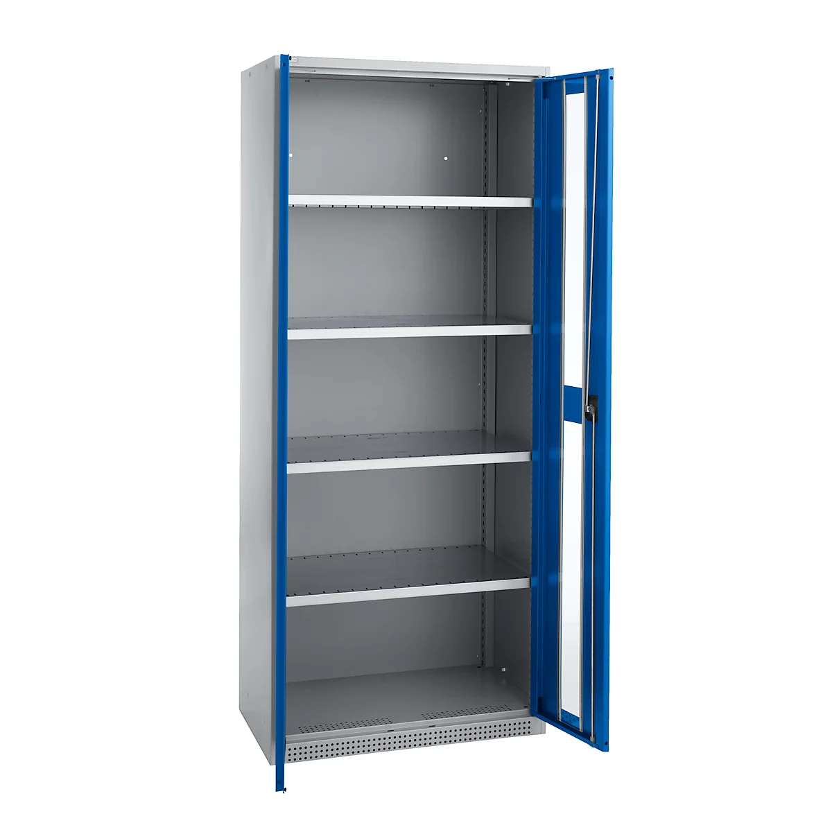 Schäfer Shop Genius Armoire en acier FS, en tôle d'acier, avec fenêtre d'inspection, trous de ventilation, L 810 x P 520 x H 1950 mm, 5 HC, jusqu'à 300 kg, alu blanc/bleu gentiane