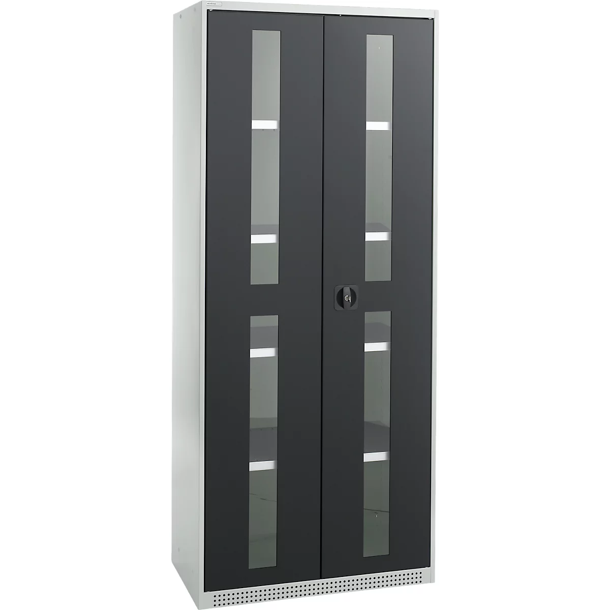 Schäfer Shop Genius Armoire en acier FS, en tôle d'acier, avec fenêtre d'inspection, trous de ventilation, L 810 x P 520 x H 1950 mm, 5 HC, jusqu'à 300 kg, gris clair/anthracite