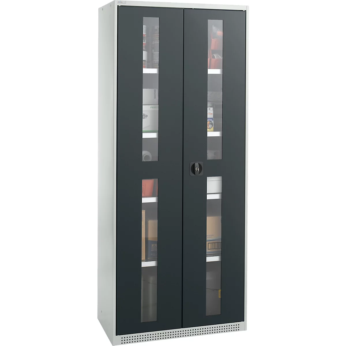 Schäfer Shop Genius Armoire en acier FS, en tôle d'acier, avec fenêtre d'inspection, trous de ventilation, L 810 x P 520 x H 1950 mm, 5 HC, jusqu'à 300 kg, gris clair/anthracite