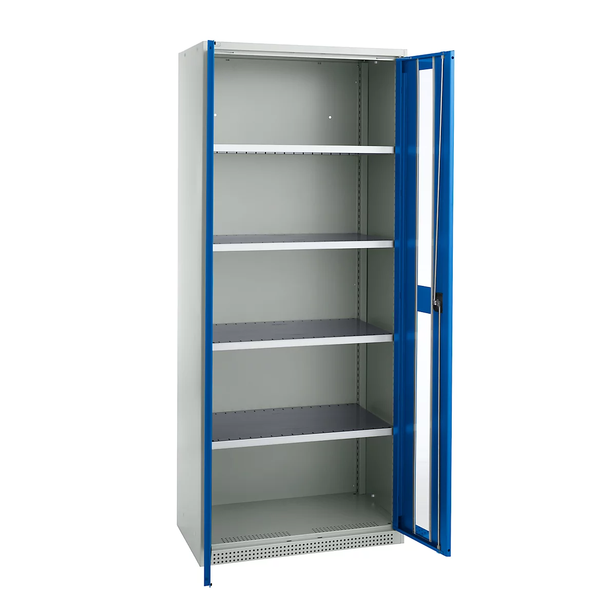 Schäfer Shop Genius Armoire en acier FS, en tôle d'acier, avec fenêtre d'inspection, trous de ventilation, L 810 x P 520 x H 1950 mm, 5 HC, jusqu'à 300 kg, gris clair/bleu gentiane