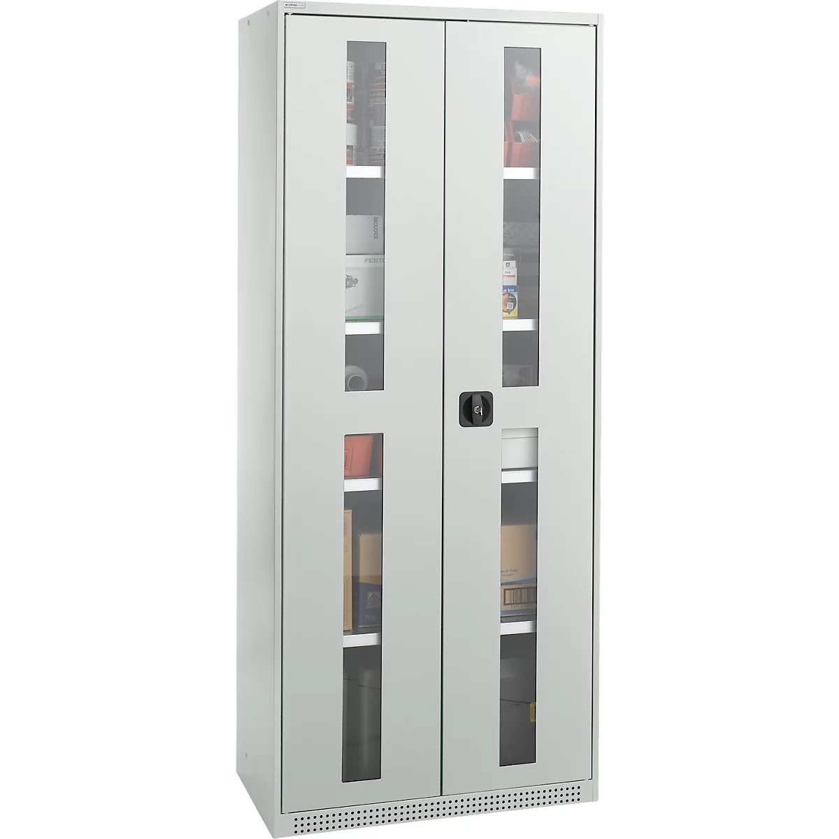 Schäfer Shop Genius Armoire en acier FS, en tôle d'acier, avec fenêtre d'inspection, trous de ventilation, L 810 x P 520 x H 1950 mm, 5 HC, jusqu'à 300 kg, gris clair/gris clair