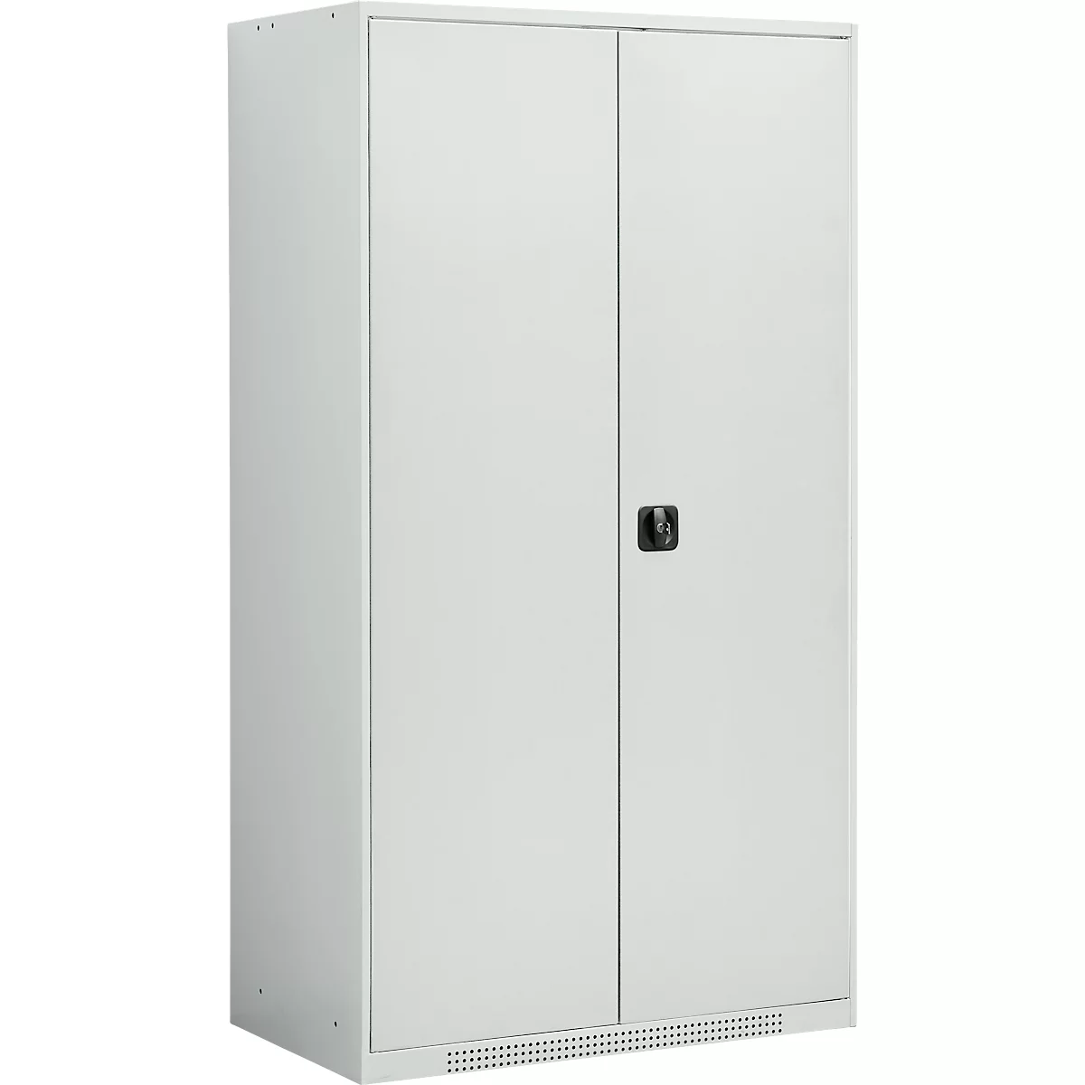 Armoire métallique grise avec deux portes et une poignée noire. Petits trous de ventilation en bas.