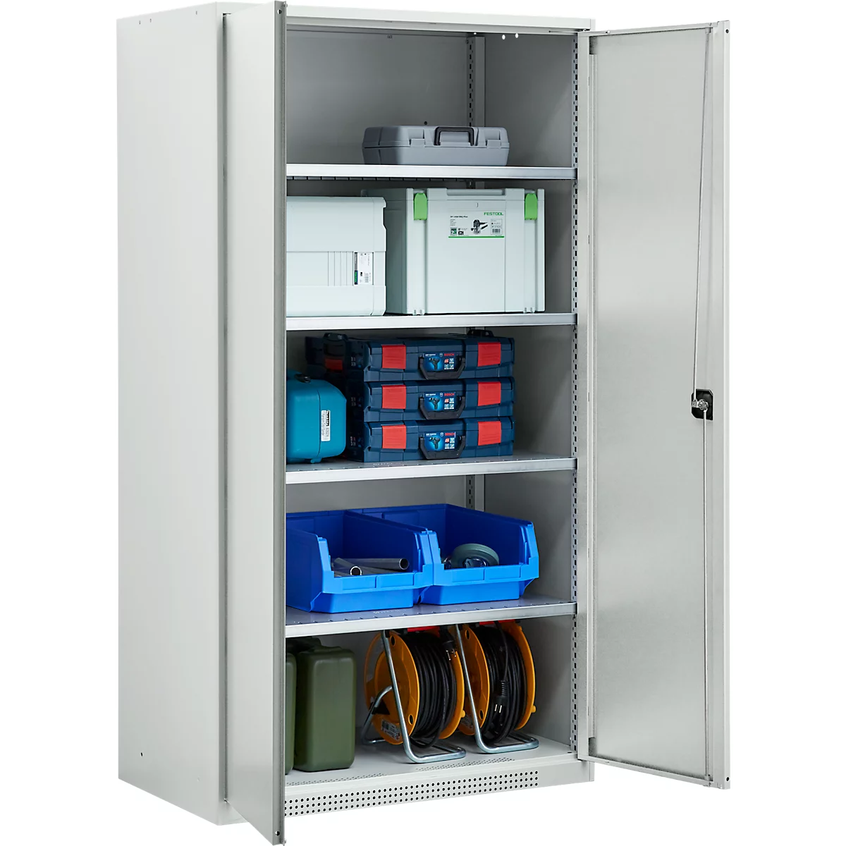 Armoire à outils ouverte avec outils et accessoires, remplie de boîtes, de tiroirs et de dévidoirs.