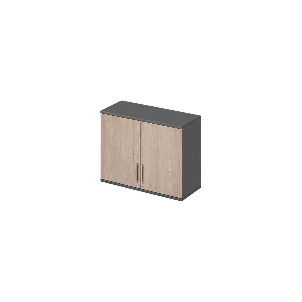 Armoire murale à deux portes, aspect bois, cadre et couvercle gris. Poignées et serrure argentées.