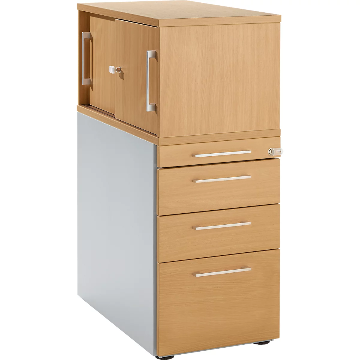 Schäfer Shop Genius Beistellcontainer mit Aufsatzschrank inkl. Schiebetür, Container & Schiebetür abschließbar, mit Griff eckig, buche 