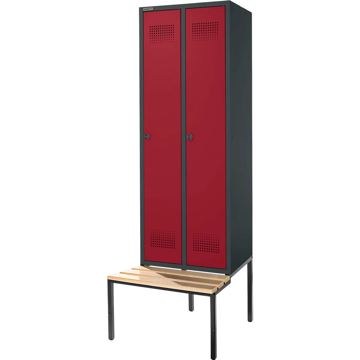 A grey locker with two red doors. Below the locker is a bench made of wooden slats with black legs.