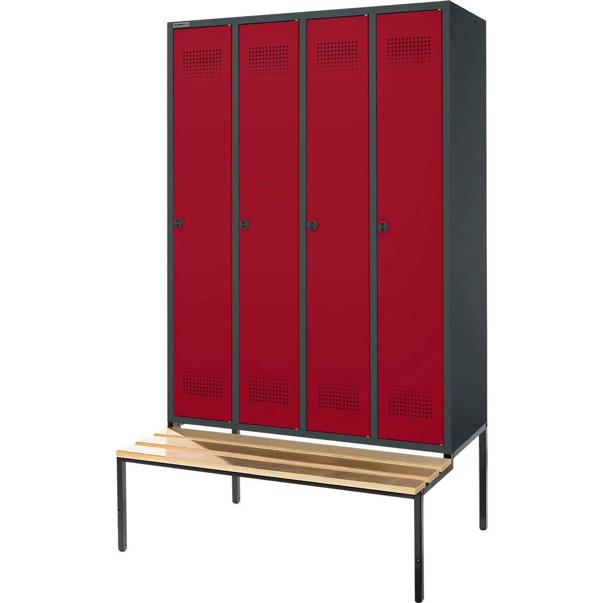 Red locker with four doors, gray frame, wooden bench in front.