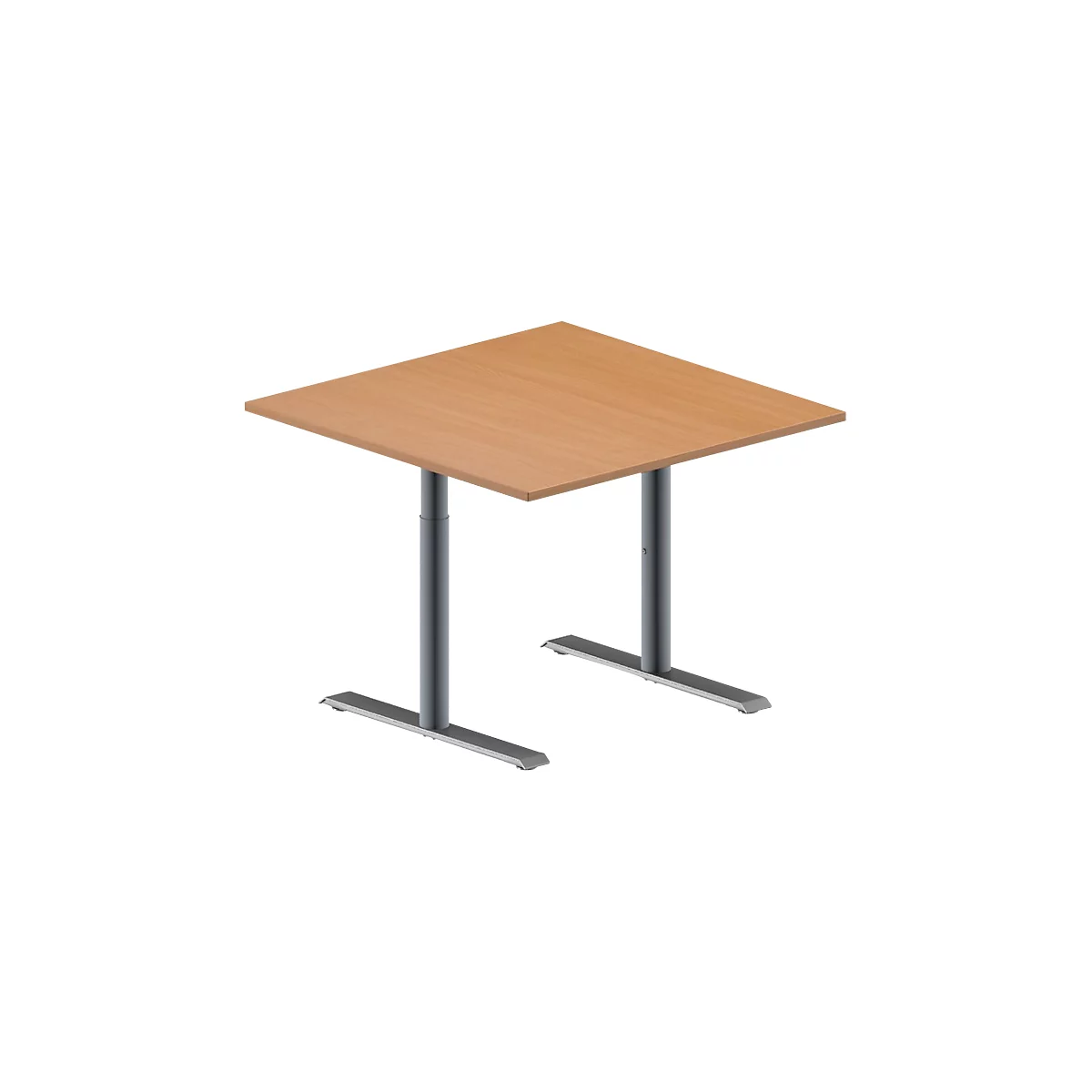 Schäfer Shop Genius Besprechungstisch MODENA FLEX, Quadrat, T-Fuß Rundrohr, B 1000 x T 1000 x H 650-850 mm, Buche/weißaluminium RAL 9006 