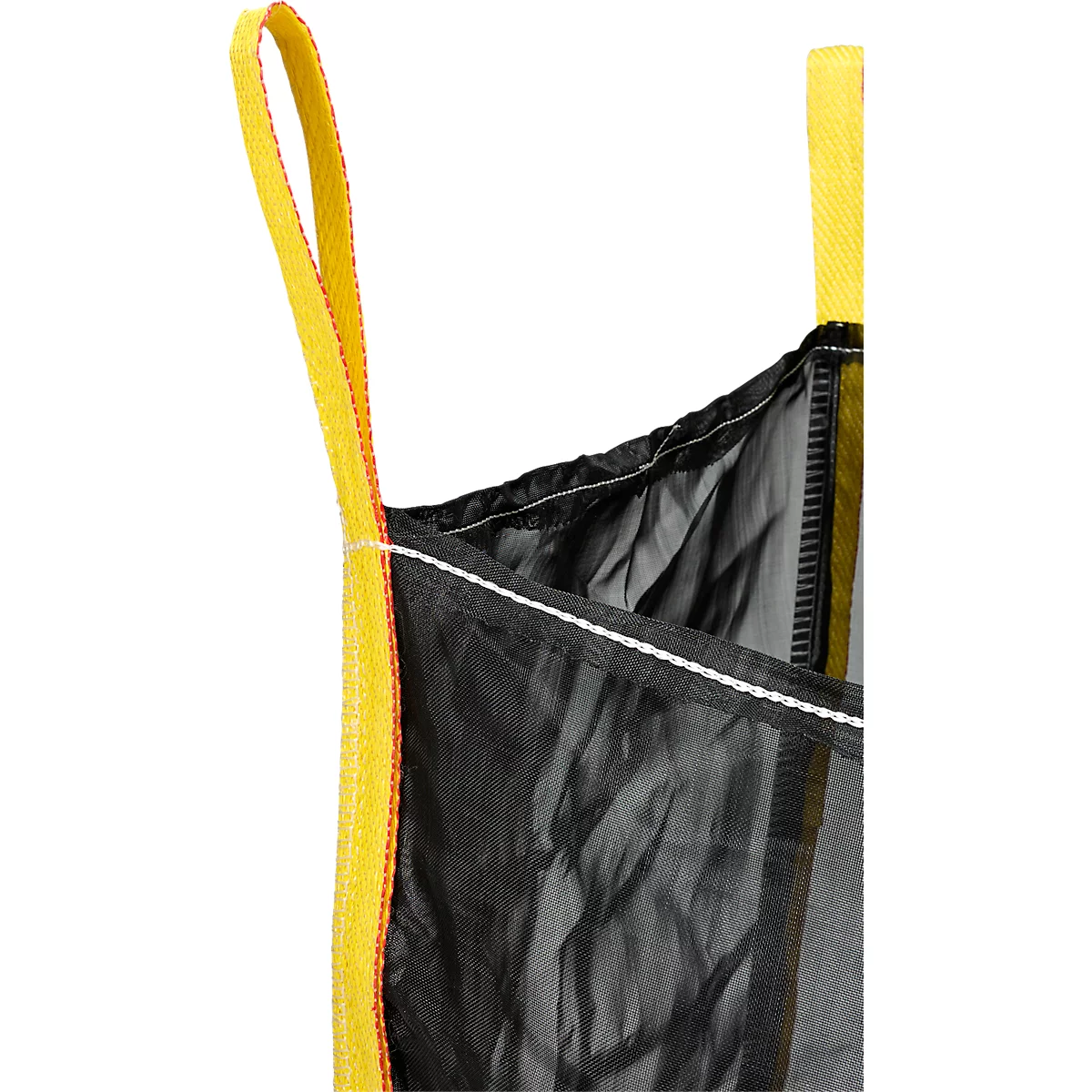 Detailaufnahme einer schwarzen, durchsichtigen Tasche mit gelben Trägern.