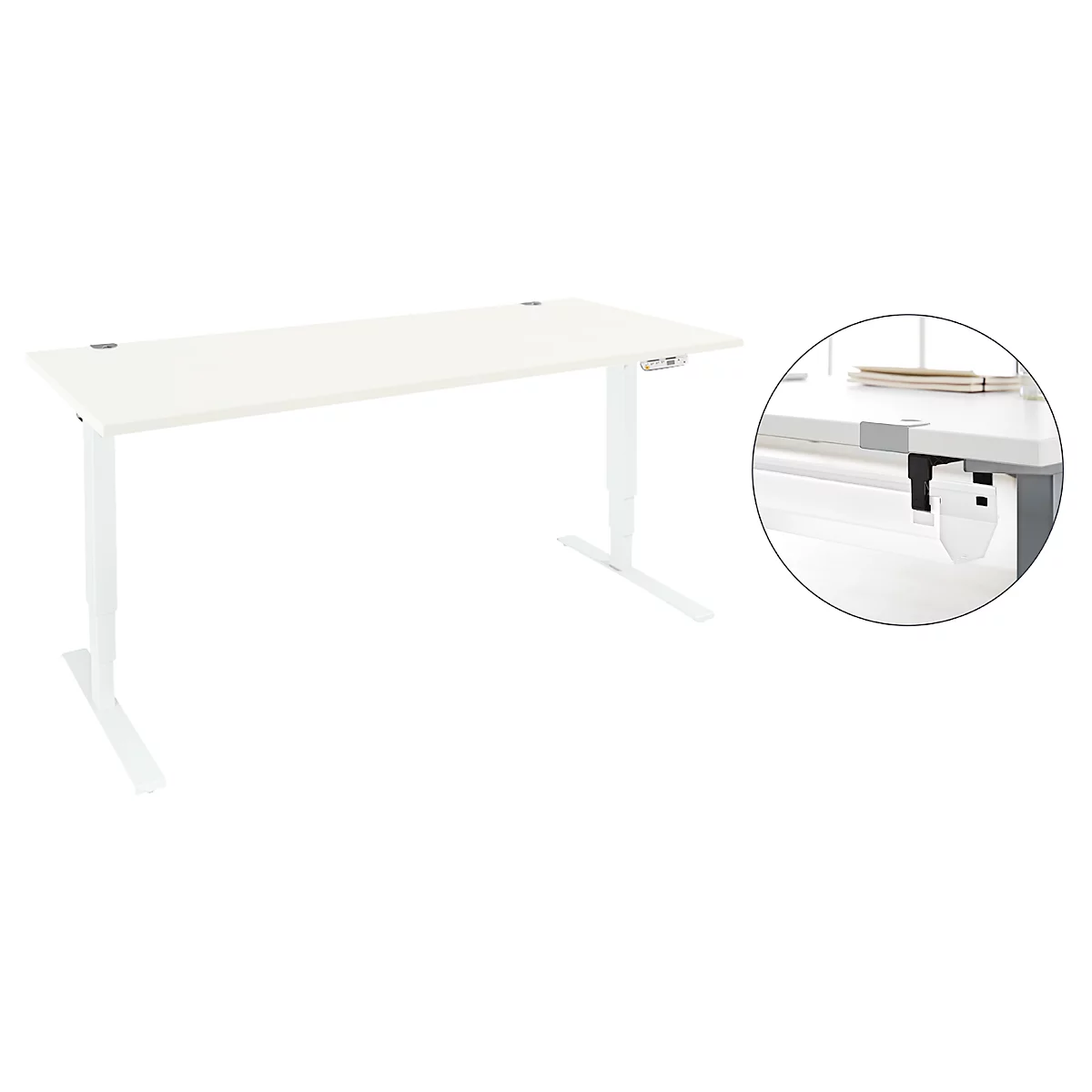 Een witte, in hoogte verstelbare bureau met details; een kabelmanagement in het cirkeldetail.