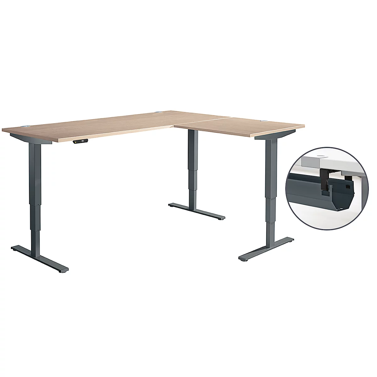 Schäfer Shop Genius Bureau d'angle AERO FLEX, réglage électrique de la hauteur, angle 90°, pied en C, L 2000 x P 1600 mm, décor chêne/anthracite, panneau de mémoire + passage de câbles