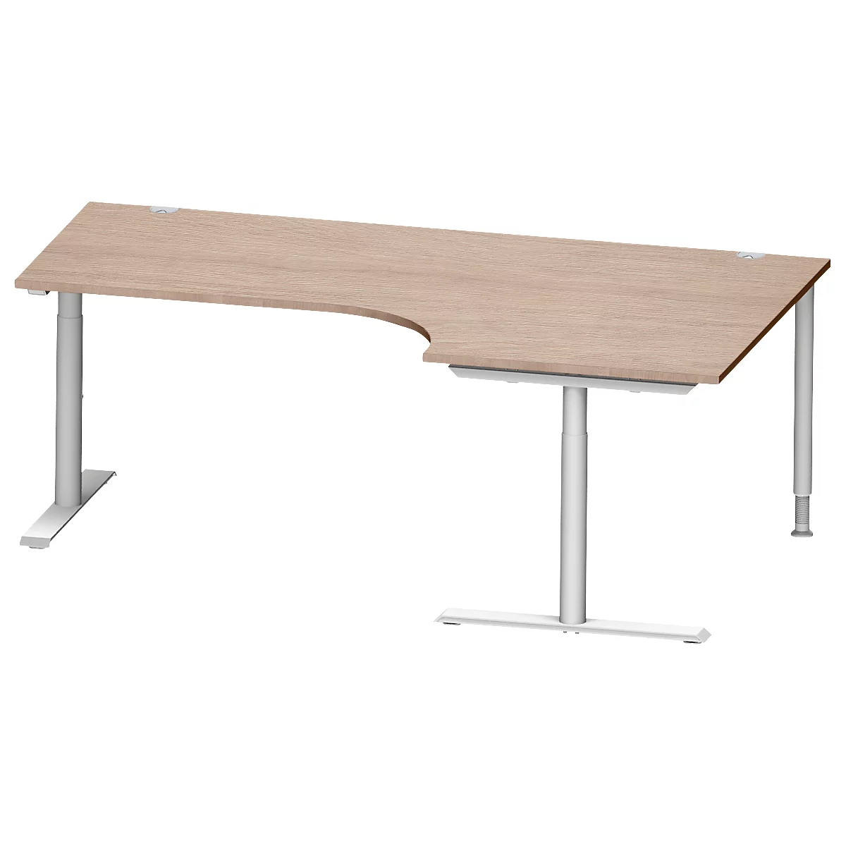 Schäfer Shop Genius Bureau d'angle MODENA FLEX 90°, approche à droite, tube rond à pieds en T, L 2000 mm, chêne-décor/blanc-alu