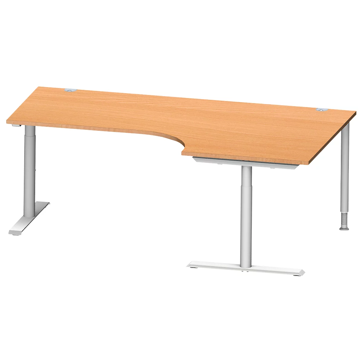 Schäfer Shop Genius Bureau d'angle MODENA FLEX 90°, approche à droite, tube rond à pieds en T, L 2000 mm, hêtre/blanc