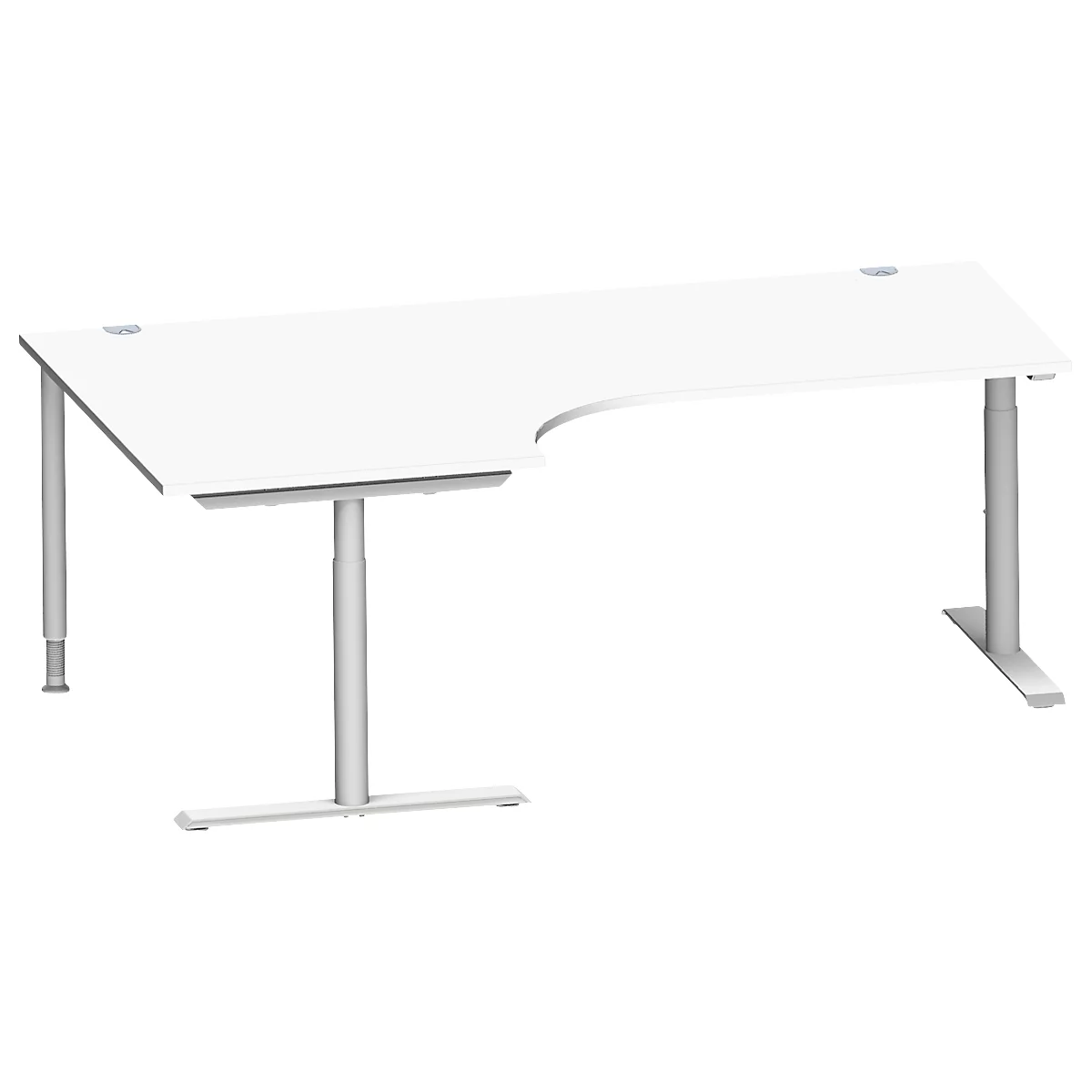Schäfer Shop Genius Bureau d'angle MODENA FLEX 90°, approche à gauche, tube rond à pieds en T, L 2000 mm, blanc/blanc