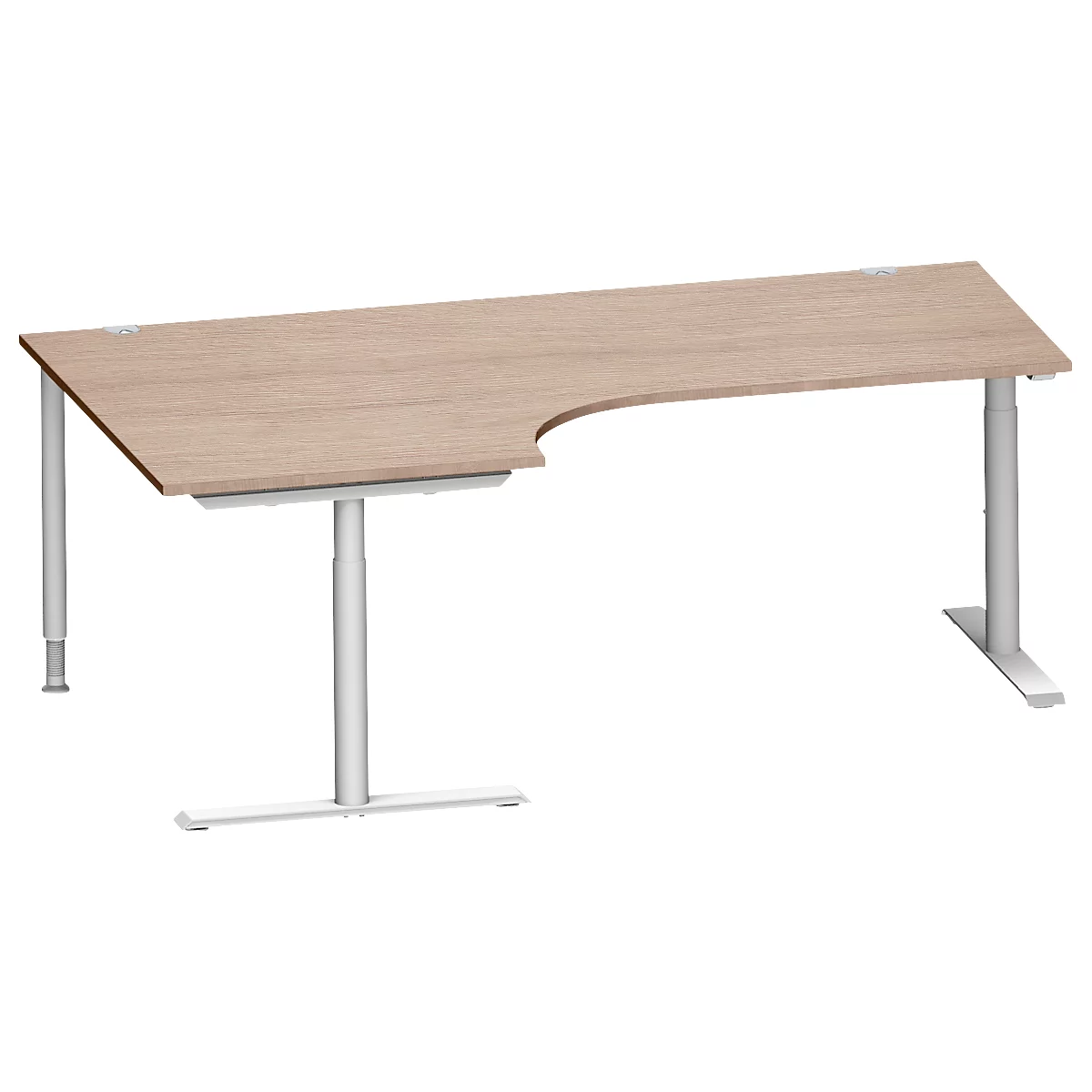 Schäfer Shop Genius Bureau d'angle MODENA FLEX 90°, approche à gauche, tube rond à pieds en T, L 2000 mm, chêne-décor/blanc-alu