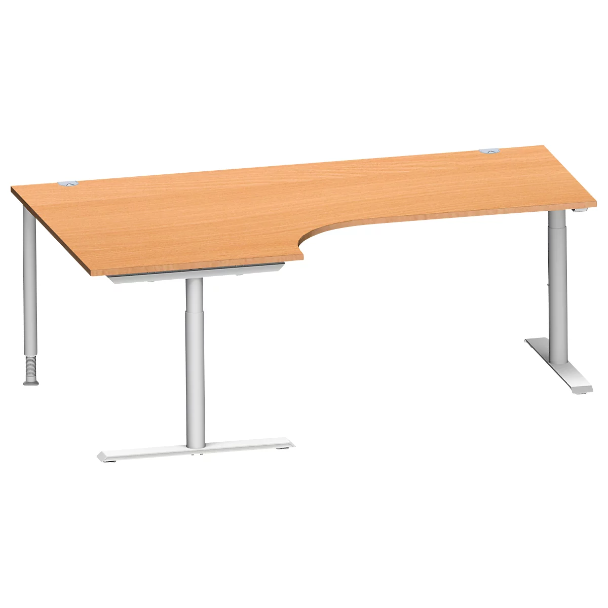 Schäfer Shop Genius Bureau d'angle MODENA FLEX 90°, approche à gauche, tube rond à pieds en T, L 2000 mm, hêtre/blanc