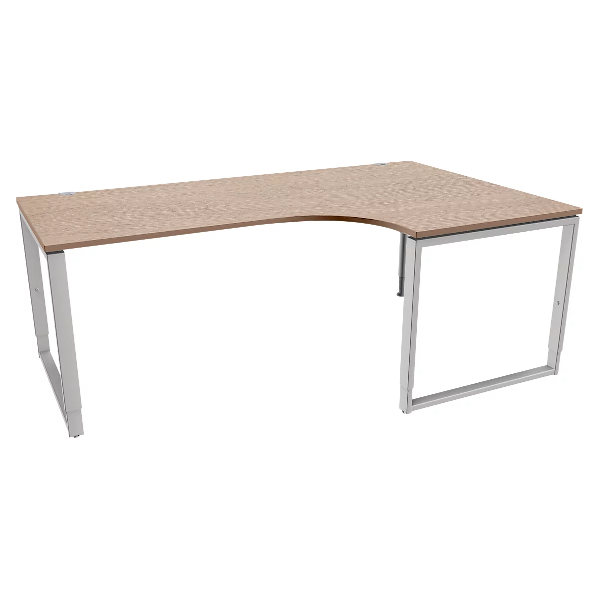 Bureau d'angle avec un plateau en bois clair et un cadre en métal argenté sur fond blanc.