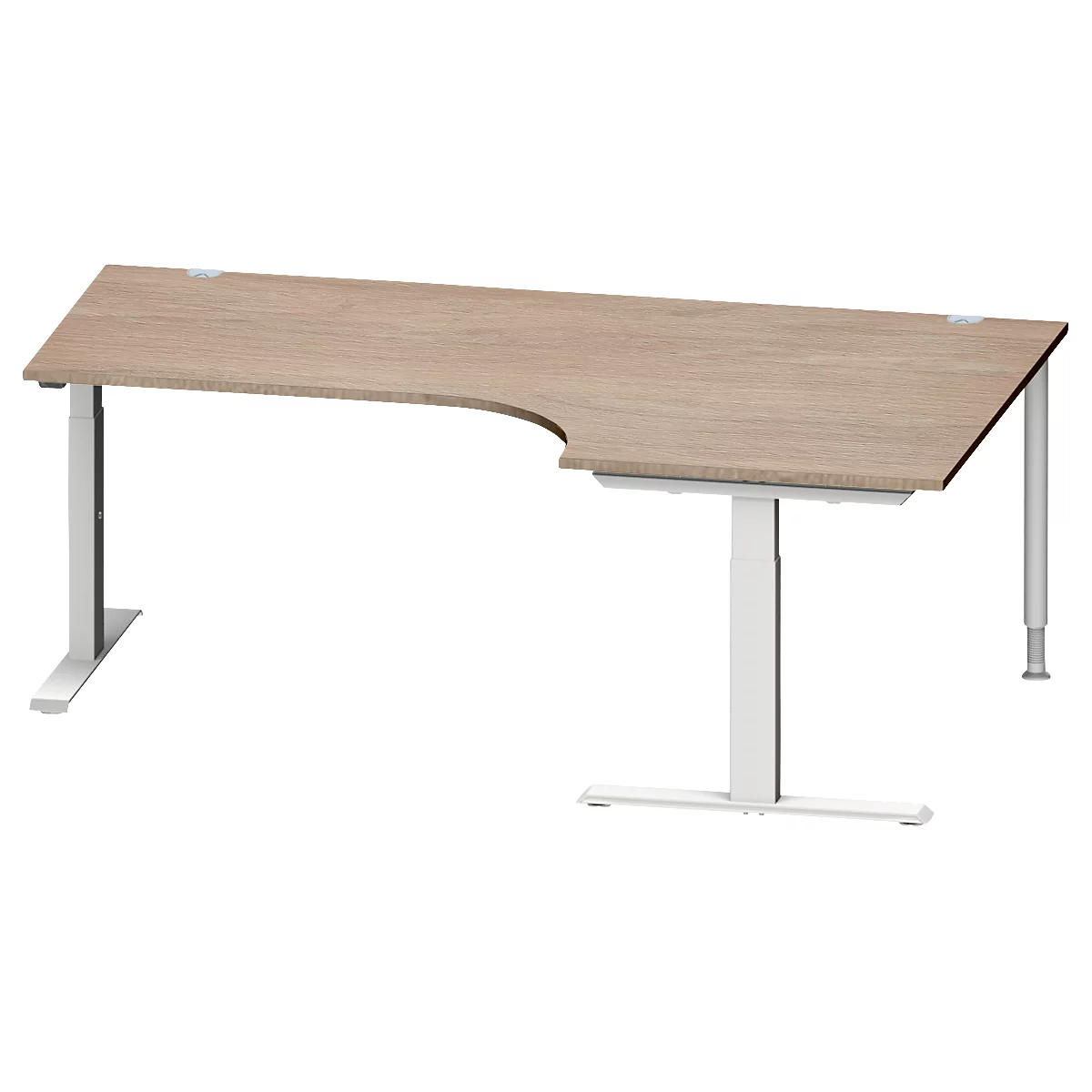 Schäfer Shop Genius Bureau d'angle MODENA FLEX, angle 90° à droite, pied en T en tube rectangulaire, L 2000 x P 1200/800 x H 650-850 mm, chêne/alu blanc