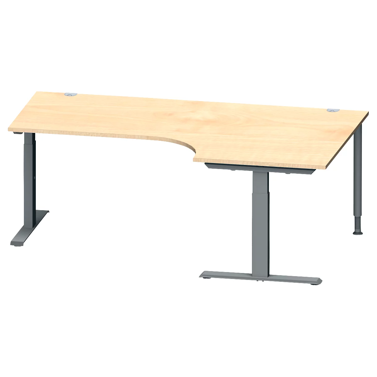 Schäfer Shop Genius Bureau d'angle MODENA FLEX, angle 90° à droite, pied en T en tube rectangulaire, L 2000 x P 1200/800 x H 650-850 mm, érable/anthracite
