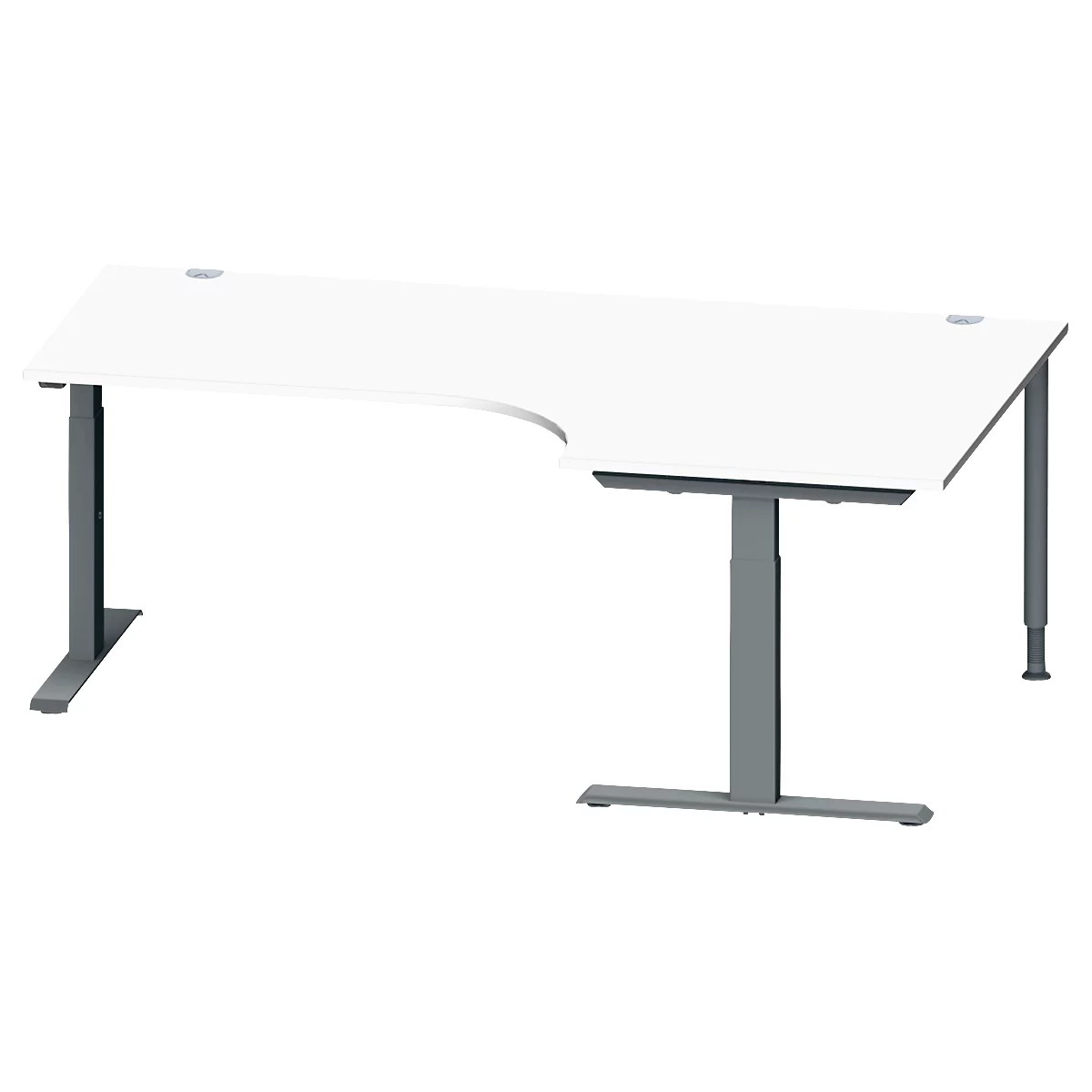 Schäfer Shop Genius Bureau d'angle MODENA FLEX, angle 90° à droite, pied en T tube rectangulaire, L 2000 x P 1200/800 x H 650-850 mm, blanc/anthracite