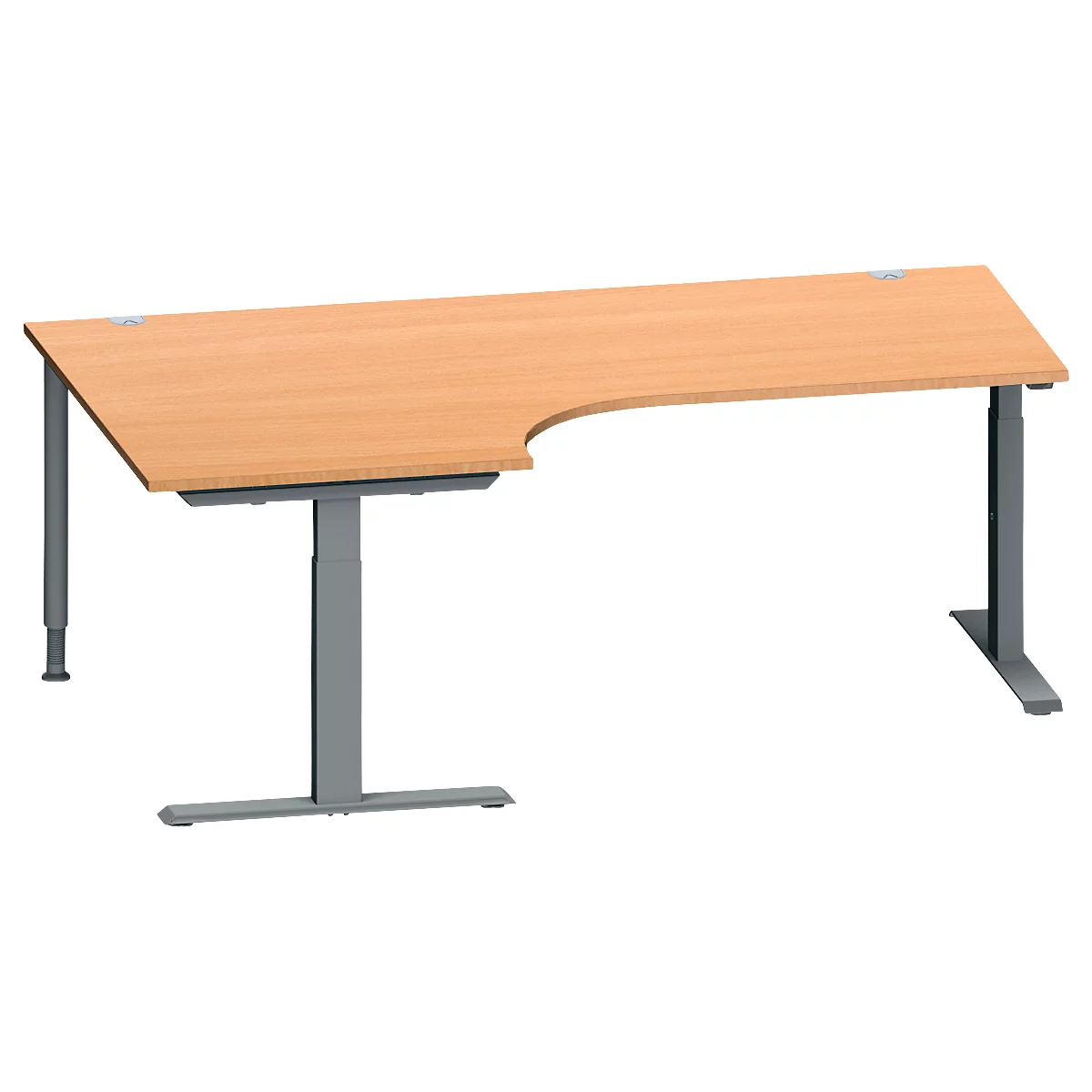 Schäfer Shop Genius Bureau d'angle MODENA FLEX, angle 90° à gauche, pied en T en tube rectangulaire, L 2000 x P 1200/800 x H 650-850 mm, hêtre/anthracite